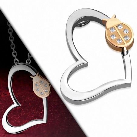 Pendentif à emprisonnement invisible coeur ouvert en acier inoxydable et coccinelle rosée