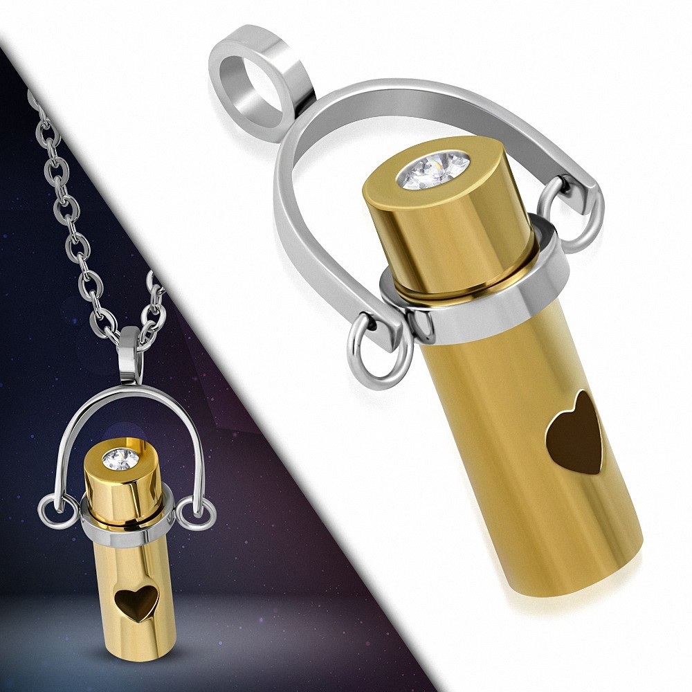 Pendentif cylindre doré avec coeur en acier inoxydable et strass