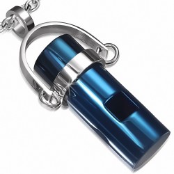 Pendentif cylindre bleu avec coeur en acier inoxydable et strass