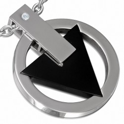 Pendentif triangle noir captif dans cercle acier inoxydable avec strass sur accroche chaîne invisible