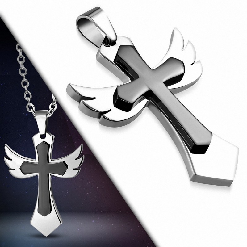 Pendentif croix-aile ange gardien en acier inoxydable 2 tons