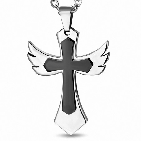 Pendentif croix-aile ange gardien en acier inoxydable 2 tons