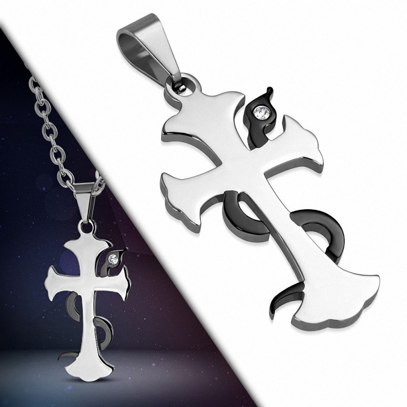 Pendentif croix médiévale avec 2 signes de zodiaque chinois avec signe de serpent et acier inoxydable