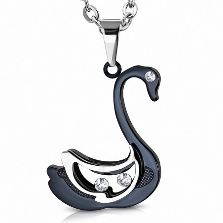 Pendentif avec charm de cygne 2 tons en acier inoxydable gemme