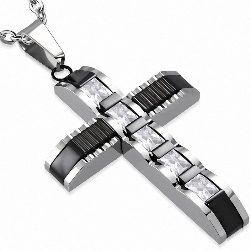 Pendentif croix géométrique argentée acier inoxydable avec baguettes noires et gemme