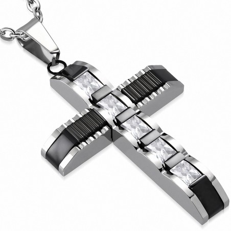 Pendentif croix géométrique argentée acier inoxydable avec baguettes noires et gemme