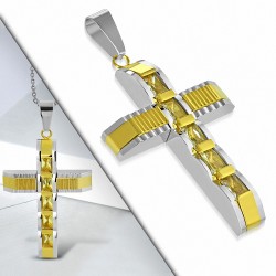Pendentif croix géométrique argentée acier inoxydable avec baguettes dorées et gemme