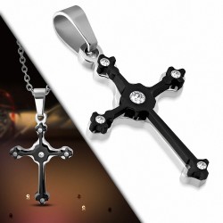 Pendentif double croix médiévale en acier inoxydable argenté/noir et gemmes