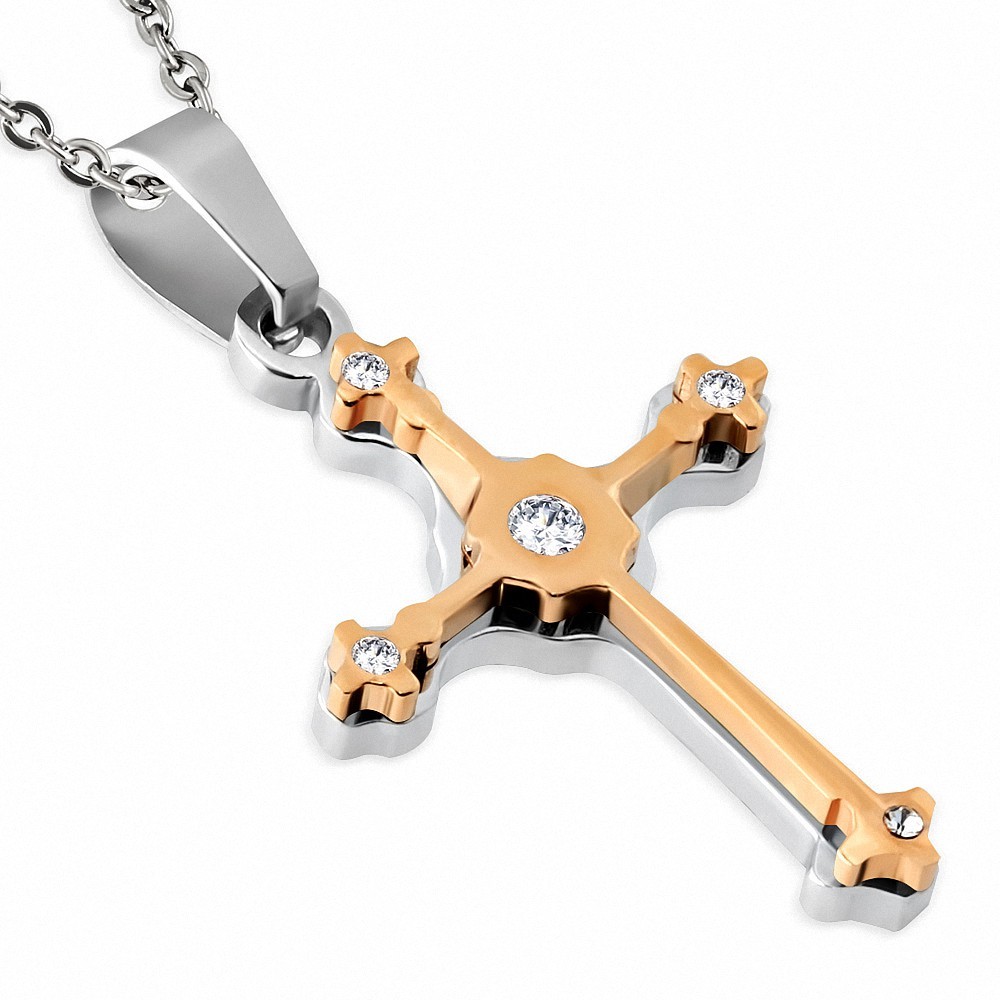 Pendentif double croix médiévale en acier inoxydable argenté/rosé et gemmes