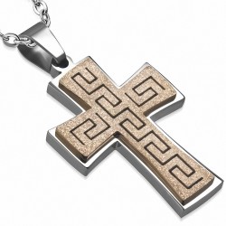 Pendentif double croix latine argentée et motif clé grecque sablé