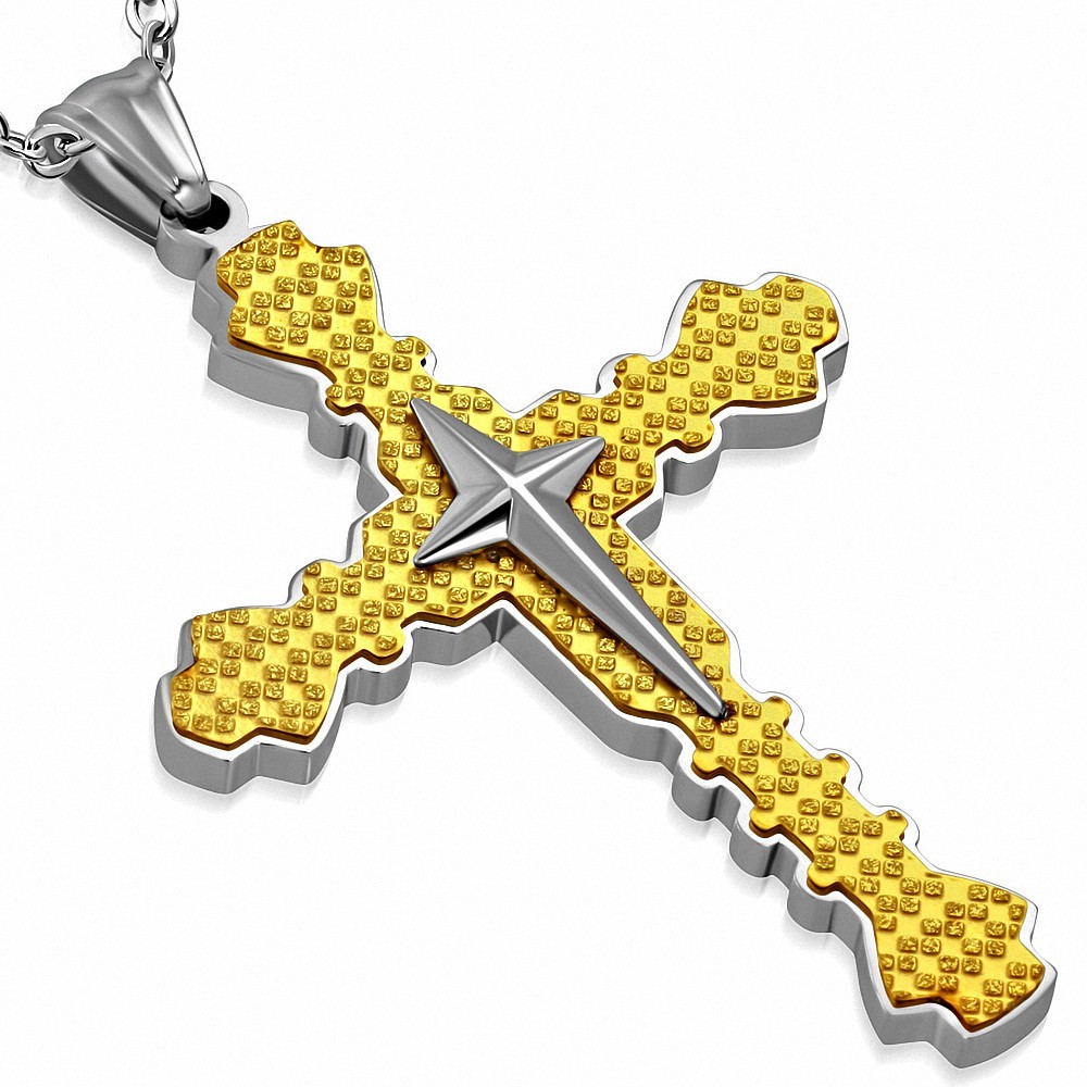 Pendentif croix double médiévale sablée en étoile en acier inoxydable brillant à deux tons