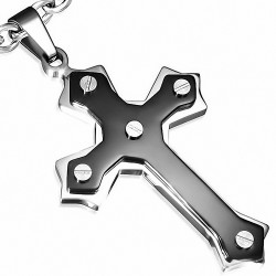 Pendentif croix en acier inoxydable à double tonalité Double Fleur De Lis