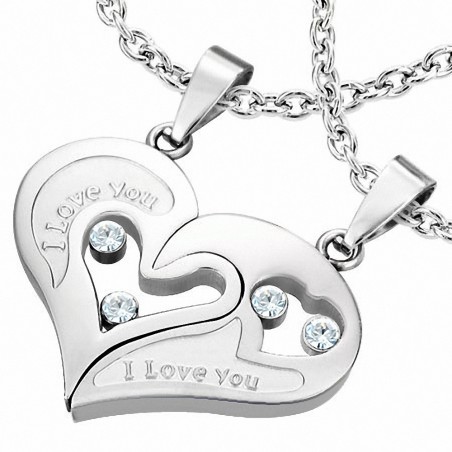 Pendentif 2 pièces en acier inoxydable I Love You avec monogramme et cœur - Monogramme