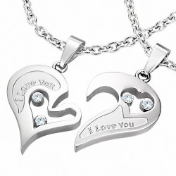 Pendentif 2 pièces en acier inoxydable I Love You avec monogramme et cœur - Monogramme