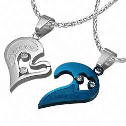 Pendentif couple puzzle avec coeur en acier inoxydable 2 tons 2 parties Je t'aime avec le cœur