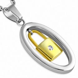 Pendentif ovale en acier inoxydable avec cadenas intérieur bicolore gemme