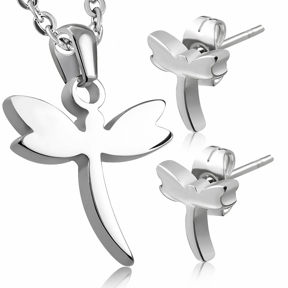 Pendentif avec libellule en acier inoxydable et paire de dormeuses (SET)