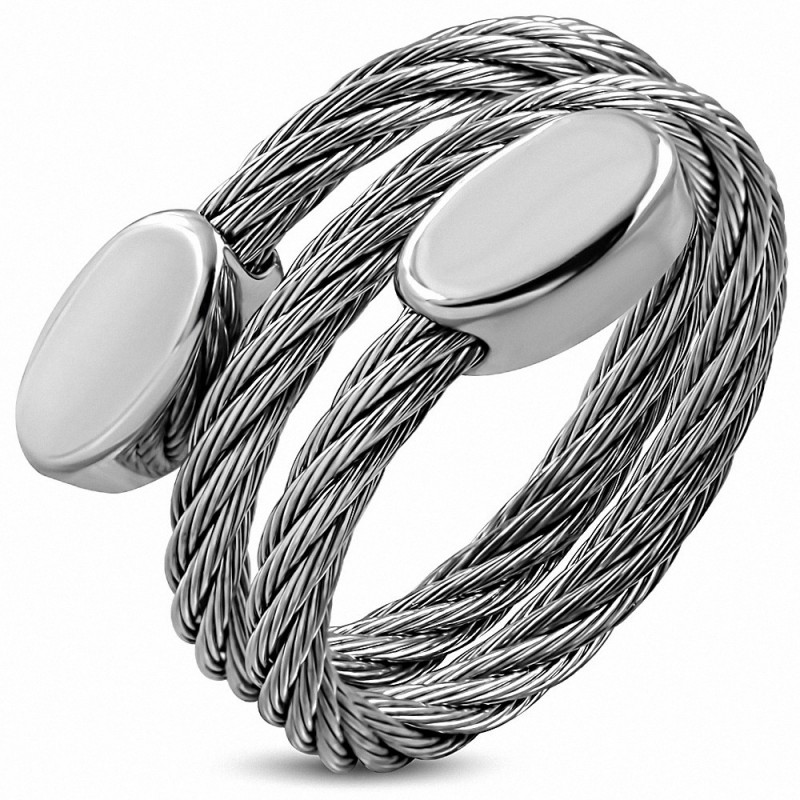 Bague taille unique en acier inoxydable argenté câble torsadé et embout