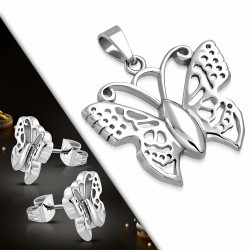 Pendentif avec papillon en acier inoxydable et paire de boucles d'oreilles (SET)