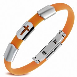 Bracelet caoutchouc orange style montre fine avec motif croix latine en acier inoxydable et fermeture à clips