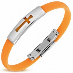 Bracelet caoutchouc orange style montre fine avec motif croix maltaise en acier inoxydable et fermeture à clips