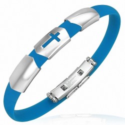 Bracelet caoutchouc bleu style montre fine avec motif croix latine en acier inoxydable et fermeture à clips
