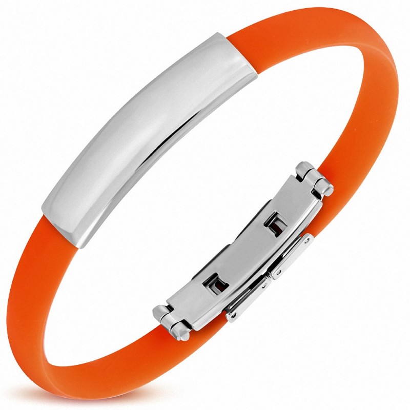 Bracelet caoutchouc orange style montre fine avec plaque gravable en acier inoxydable et fermeture à clips