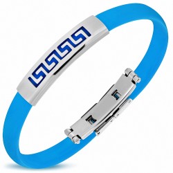 Bracelet caoutchouc bleu style montre fine avec motif clé grecque en acier inoxydable et fermeture à clips