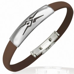 Bracelet caoutchouc marron style montre fine avec motif tribal en acier inoxydable et fermeture à clips