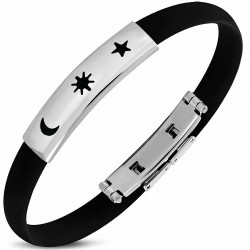Bracelet caoutchouc noir style montre fine avec motifs lune soleil étoile en acier inoxydable et fermeture à clips