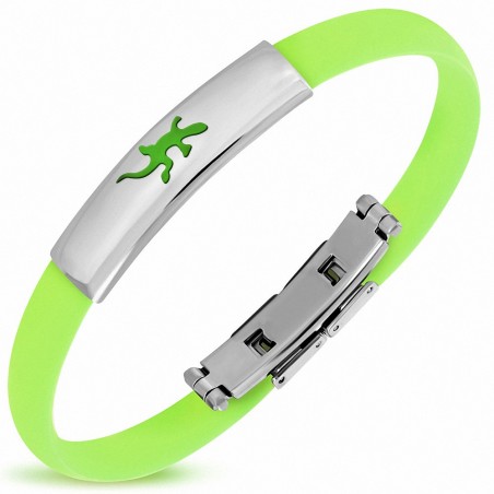 Bracelet caoutchouc vert pomme clair style montre fine avec motif lézard en acier inoxydable et fermeture à clips
