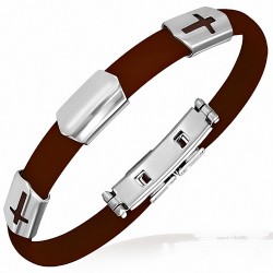 Bracelet caoutchouc marron style montre fine avec double motif croix latine en acier inoxydable et fermeture à clips