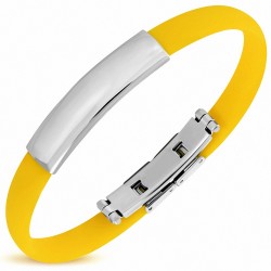 Bracelet caoutchouc jaune style montre fine avec plaque gravable en acier inoxydable et fermeture à clips