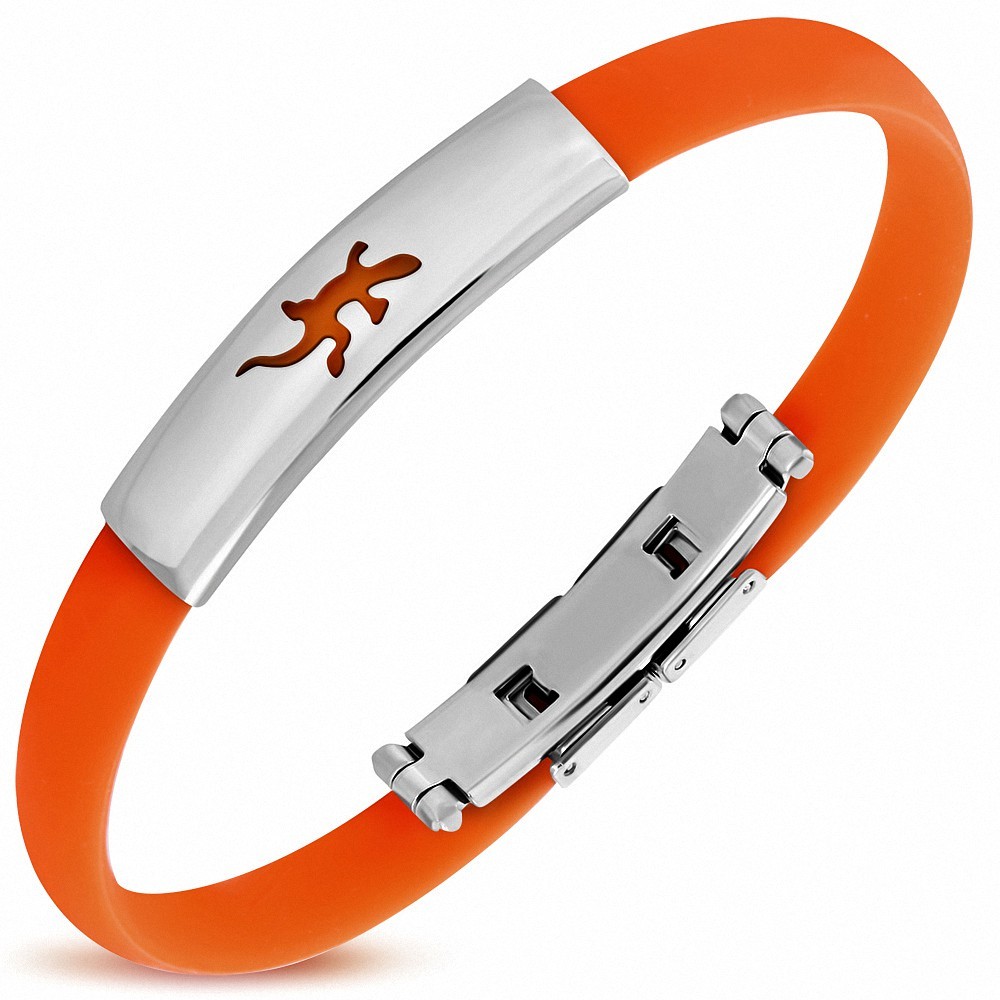 Bracelet caoutchouc orange clair style montre fine avec motif lézard en acier inoxydable et fermeture à clips