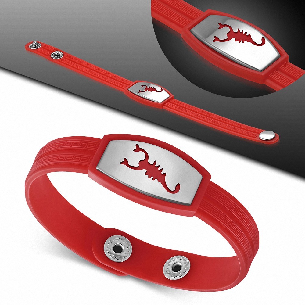 Bracelet caoutchouc rouge avec clé grecque style montre avec motif signe zodiac scorpion acier inoxydable fermeture à pression