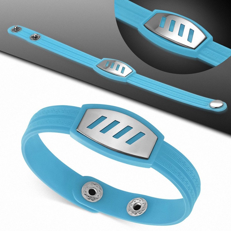 Bracelet caoutchouc bleu clair avec clé grecque style montre avec motif diagonale en acier inoxydable et fermeture à pression