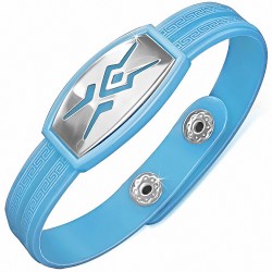 Bracelet caoutchouc bleu clair avec clé grecque style montre avec motif tribal en acier inoxydable et fermeture à pression