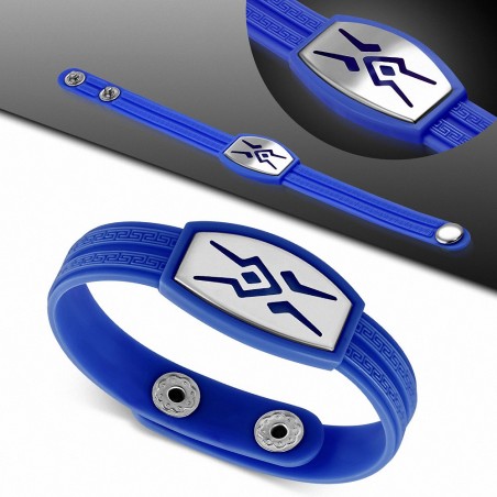 Bracelet caoutchouc bleu royal avec clé grecque style montre avec motif tribal en acier inoxydable et fermeture à pression