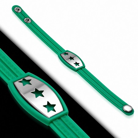 Bracelet caoutchouc vert avec clé grecque style montre avec motif 3 étoiles en acier inoxydable et fermeture à pression