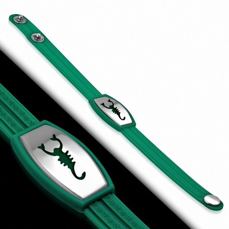 Bracelet caoutchouc vert avec clé grecque style montre motif signe zodiaque scorpion en acier inoxydable fermeture à pression