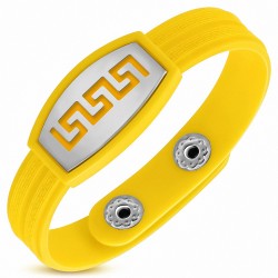Bracelet caoutchouc jaune avec clé grecque style montre avec motif clé grecque en acier inoxydable et fermeture à pression