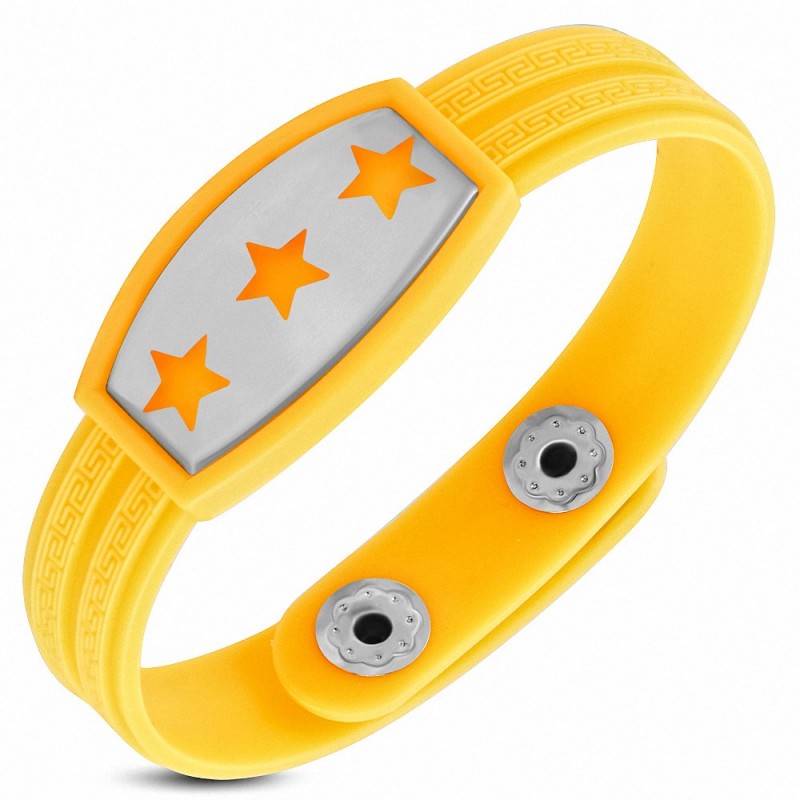 Bracelet caoutchouc jaune avec clé grecque style montre avec motif 3 étoiles en acier inoxydable et fermeture à pression