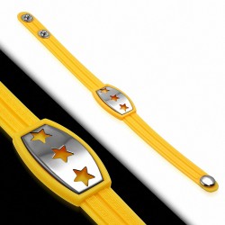 Bracelet caoutchouc jaune avec clé grecque style montre avec motif 3 étoiles en acier inoxydable et fermeture à pression