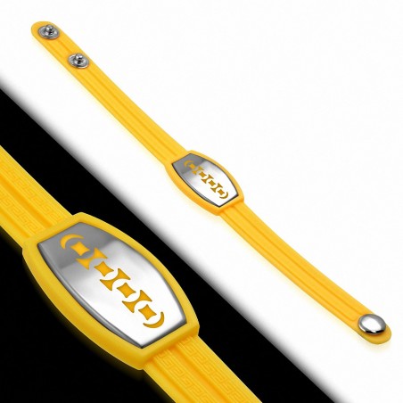 Bracelet caoutchouc jaune avec clé grecque style montre avec motif géométrique en acier inoxydable et fermeture à pression