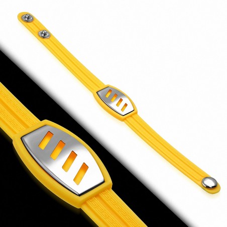 Bracelet caoutchouc jaune avec clé grecque style montre avec motif diagonale en acier inoxydable et fermeture à pression