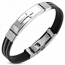 Bracelet en caoutchouc noir avec montre de style croix en acier inoxydable 2 tons