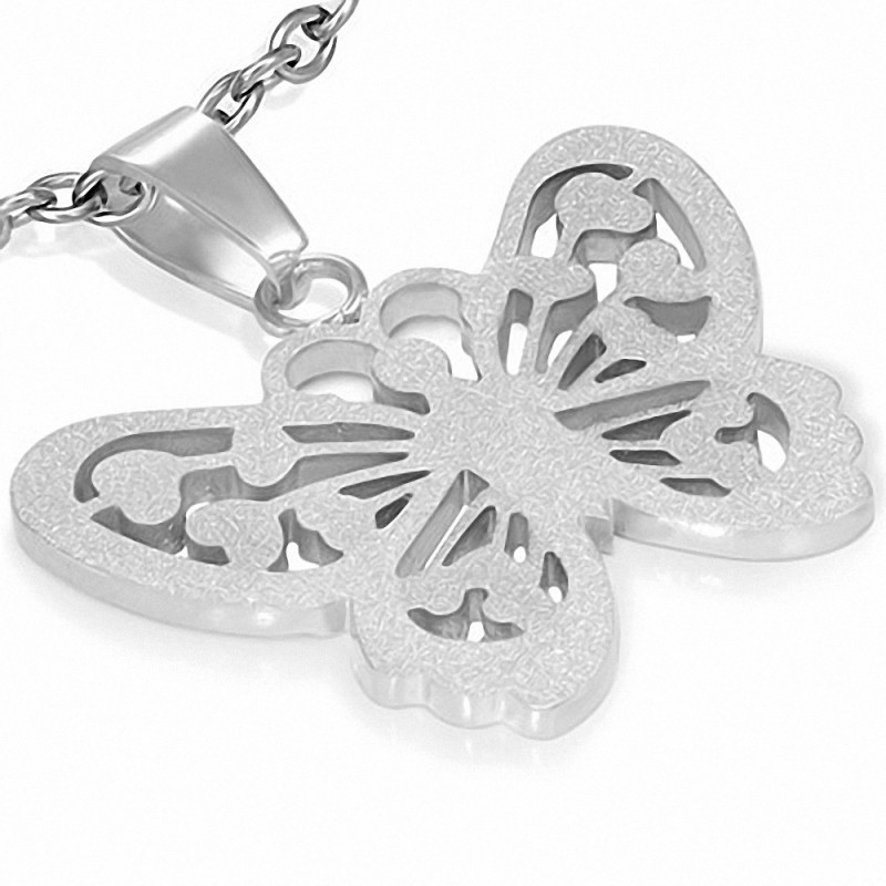 Pendentif avec charm de papillon en forme de coeur d'amour en acier inoxydable sablé