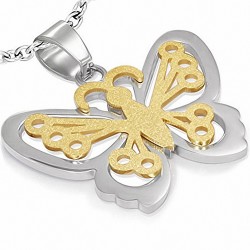 Pendentif à charm papillon sablé en acier inoxydable 2 tons