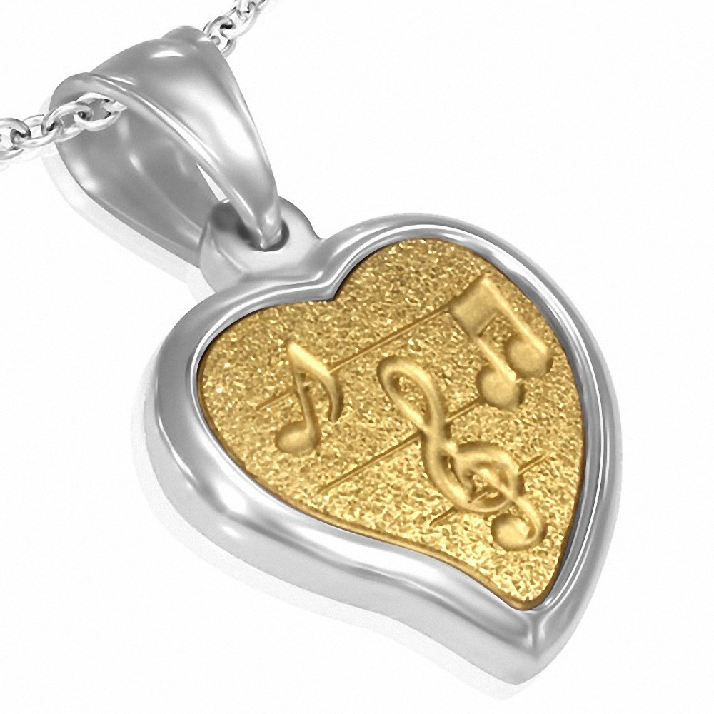 Pendentif coeur avec notes de musique en acier inoxydable argenté/doré