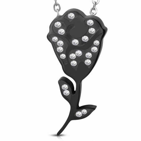 Pendentif en or avec bille invisible en acier inoxydable avec fleur de rose noire